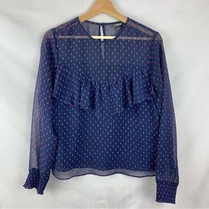 EXPRESS Swiss Dot Blouse Blue Pink Ruffle Sz Med Career Office Twee‎ Whimsy Fem